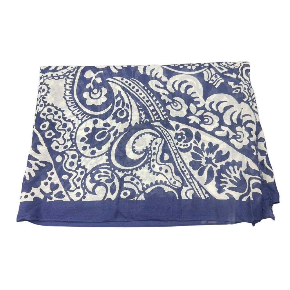 Talbots Navy Blue White Paisley Modal Eyelash Fringe Scarf 70" NEW